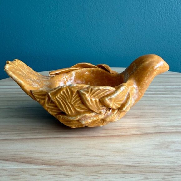 Vintage Handcrafted Orange Ceramic Bird Dish Candle Ring With Feather Detail MCM - Picture 2 of 9
